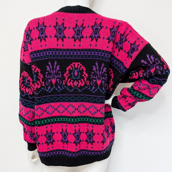 80s Vintage Hot Pink, Black, Purple, Green Funky Crew Neck Sweater - Picture 5 of 5
